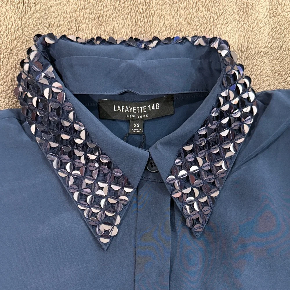 Lafayette 148 New York Midnight Blue Sequin Top - Picture 5 of 6